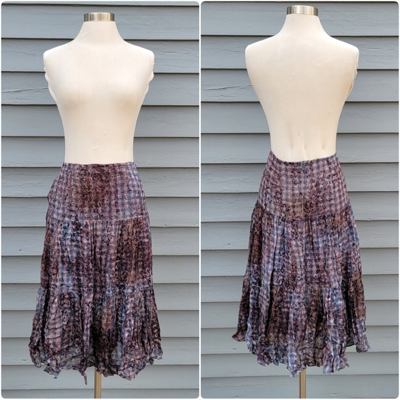 Peruvian Connection Flowy Summer Pleated Tiered Ruffle Floral Check Midi Skirt 8 - Picture 1 of 6